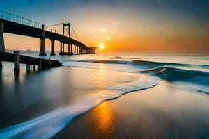 un puente terminado el Oceano a puesta de sol. generado por ai foto