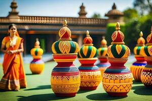 a woman in an indian sari stands in front of colorful vases. AI-Generated photo