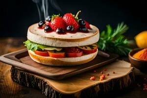 a sandwich with berries and cheese on a wooden board. AI-Generated photo