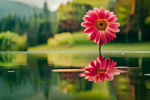 a single pink flower is standing in the water. AI-Generated photo