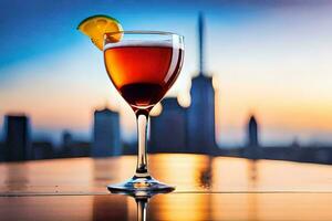 a glass of wine with a sunset view in the background. AI-Generated photo