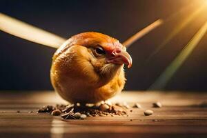 un pájaro es sentado en un de madera mesa con un Dom brillante en el antecedentes. generado por ai foto