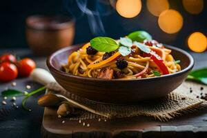 pasta with vegetables and herbs in a wooden bowl. AI-Generated photo
