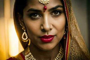 un mujer vistiendo tradicional indio joyas. generado por ai foto