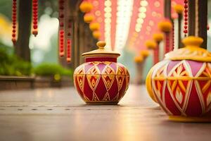 two colorful vases are sitting on a wooden walkway. AI-Generated photo