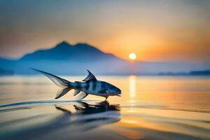 un pescado es nadando en el agua a puesta de sol. generado por ai foto