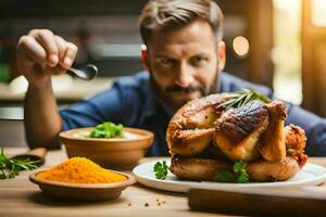 a man is holding a knife and fork while sitting at a table with a roasted turkey. AI-Generated photo