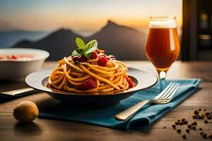 un plato de espaguetis con un vaso de cerveza. generado por ai foto