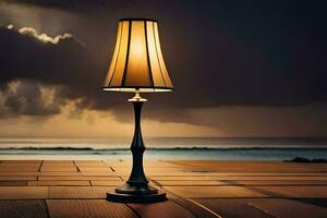 un lámpara en un de madera cubierta en frente de el océano. generado por ai foto
