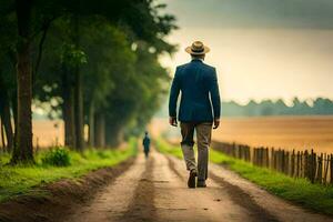 a man in a suit and hat walks down a dirt road. AI-Generated photo