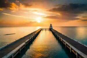a lighthouse pier at sunset with a dock and a boat. AI-Generated photo