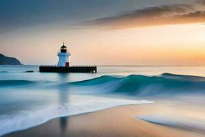 a lighthouse stands on the beach at sunset. AI-Generated photo