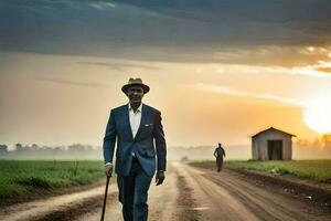 un hombre en un traje y sombrero caminando abajo un suciedad la carretera. generado por ai foto