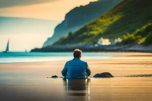 hombre sentado en el playa, mirando a el mar, naturaleza, naturaleza hd fondo de pantalla. generado por ai foto