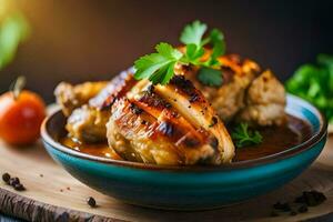 chicken breast with sauce and herbs on a wooden table. AI-Generated photo