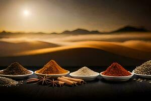 spices in bowls on a table with a sunset in the background. AI-Generated photo