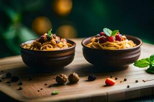 two bowls of pasta with nuts and berries on a wooden table. AI-Generated photo