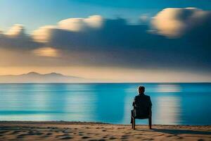 a man sitting on a chair looking out to sea. AI-Generated photo