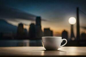 coffee cup on a table in front of cityscape. AI-Generated photo