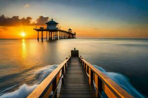 a pier with a sunset over the water. AI-Generated photo