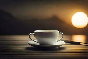 a cup of tea sits on a table in front of the sun. AI-Generated photo