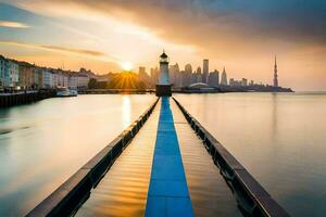 a long pier with a lighthouse in the foreground at sunset. AI-Generated photo