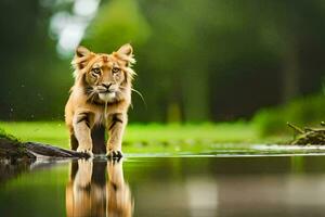 a lion walking across a pond in the forest. AI-Generated photo