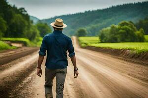 a man in a hat walks down a dirt road. AI-Generated photo