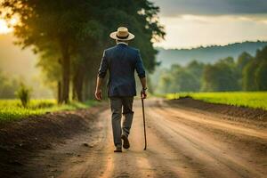 a man in a suit and hat walking down a dirt road. AI-Generated photo