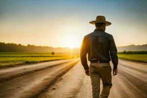 un hombre en un sombrero camina abajo un suciedad la carretera. generado por ai foto