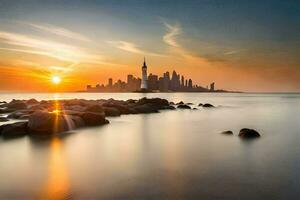 the sun rises over the city skyline in dubai. AI-Generated photo