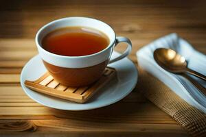 un taza de té en un de madera mesa. generado por ai foto