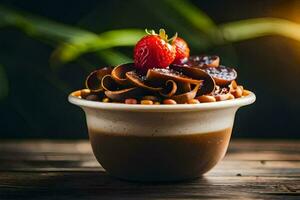 chocolate dessert in a cup on a wooden table. AI-Generated photo
