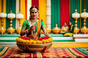 un mujer en un tradicional indio vestir sentado en un mesa con flores generado por ai foto