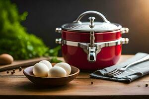 a red pot with eggs and a bowl of eggs. AI-Generated photo