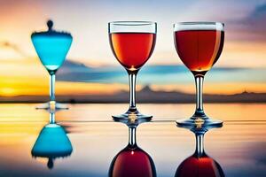 three glasses of wine on a table with a sunset in the background. AI-Generated photo