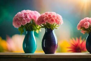 three vases with pink flowers on a table. AI-Generated photo