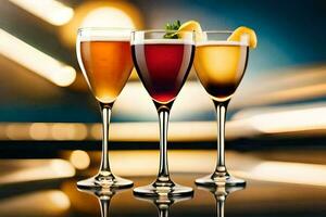 three glasses of different drinks on a table. AI-Generated photo