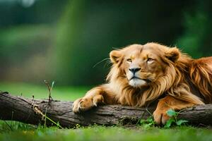 a lion is sitting on a log in the grass. AI-Generated photo