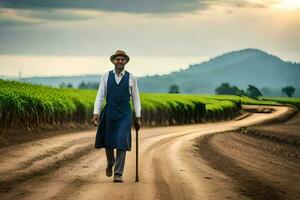 a man walking down a dirt road in a field. AI-Generated photo