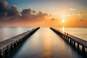 a long pier with a sunset in the background. AI-Generated photo