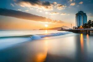 a long exposure photograph of a pier at sunset. AI-Generated photo