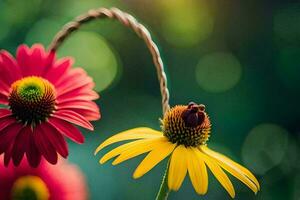 two red and yellow flowers are in a basket. AI-Generated photo