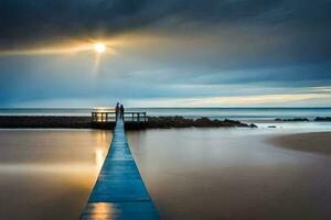 a couple standing on a pier looking out at the ocean. AI-Generated photo