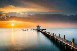 a lighthouse stands on a pier at sunset. AI-Generated photo