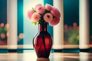 a vase with pink flowers sitting on a table. AI-Generated photo