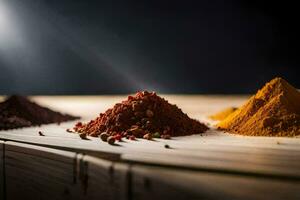 various spices on a wooden table. AI-Generated photo