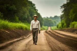 a man in a hat walks down a dirt road. AI-Generated photo