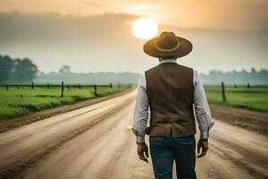 a man in a cowboy hat and vest walking down a dirt road. AI-Generated photo