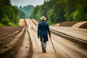 a man in a blue suit and hat walking down a dirt road. AI-Generated photo